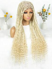 36-Inch Long Boho Braided Wigs, Full Lace Synthetic Wig With Baby Hair Braided Box Wave Curly Lace Front Wig - Gold - View 4