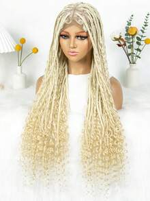 36-Inch Long Boho Braided Wigs, Full Lace Synthetic Wig With Baby Hair Braided Box Wave Curly Lace Front Wig - Gold - View 6