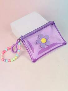 1pc Fashionable Transparent PVC Coin Purse With Floral Beaded Chain - Girl's Portable Key And Travel Wallet (Bead Color Random)