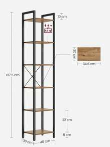 VASAGLE Librería de 6 Niveles, Biblioteca, Estantería para Oficina, Estudio, Sala de Estar, Dormitorio, 30 x 40 x 187,5 cm, Industrial, Olmo Pardo y Negro - Camel - Ver 7