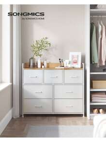SONGMICS Commode 7 Tiroirs en Tissu avec Poignées,  Meuble de Rangement, Cadre en Métal, Style Moderne, Blanc Nuage et Beige Chêne