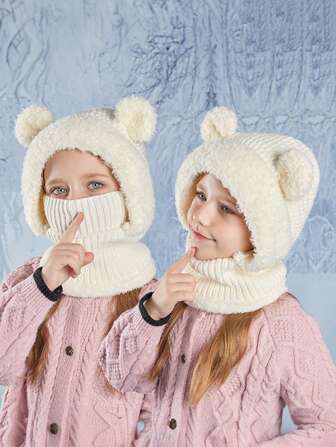 1 Stück Kinderkopfbedeckung mit niedlichem Bärchen Motiv, warm gefütterte Gesichtsmaske, Schal, Balaclava Mütze für den Outdoor-Einsatz im Winter