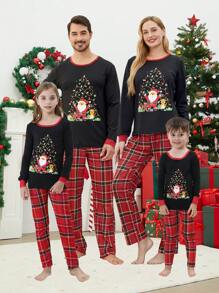 Set de 2 piezas de pijamas navideños ajustados a juego para niños preadolescentes - Parte superior e inferior de manga larga con estampado de Papá Noel y cuadros, conjunto de ropa de descanso cómoda para días festivos - Negro - Ver 1