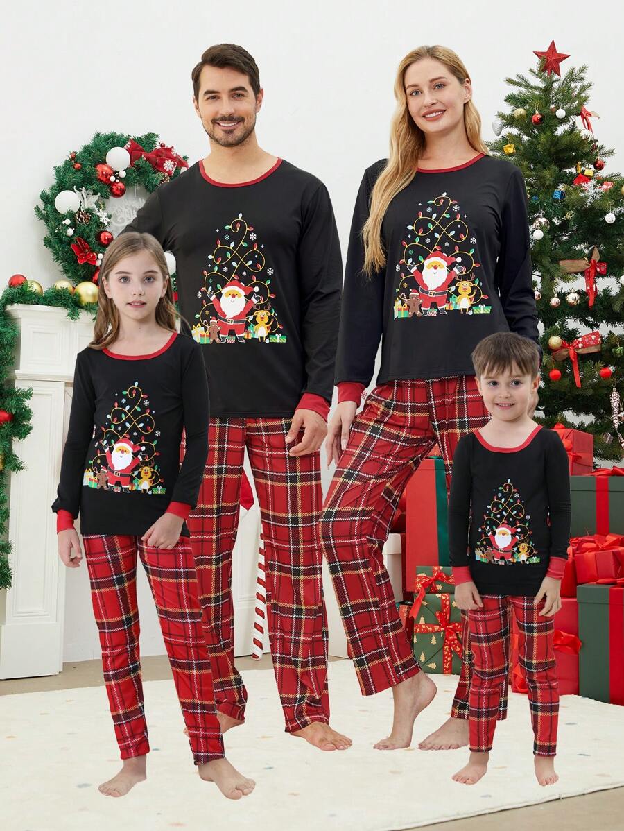 Set de 2 piezas de pijamas navideños ajustados a juego para niños preadolescentes - Parte superior e inferior de manga larga con estampado de Papá Noel y cuadros, conjunto de ropa de descanso cómoda para días festivos - Negro - Ver 1