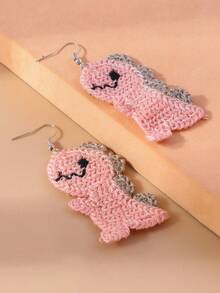 1 对可爱卡通粉色恐龙针织耳环，手工制作的女士珠宝配饰，日常佩戴 - 粉色 - 查看 3