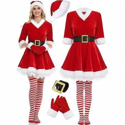 5pcs/Set Women's Christmas Costume Dress, Christmas Character Cosplay Outfit: Dress, Socks, Hat, Belt, Gloves - Hooded Christmas Dress + Socks + Gloves Halloween