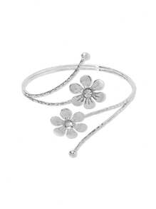 1pc Oversized Metal Leaf Shape Adjustable Bangle Bracelet, Vintage Chic European Style Fashion Accessory For Women - Flower Armband - View 2