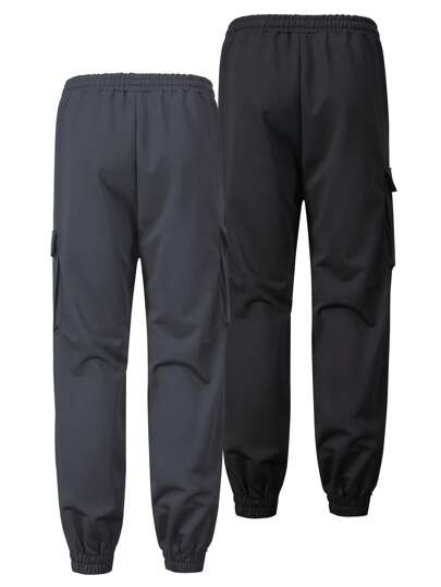 2pcs Men Cargo Jogger Pants, Solid Color Casual Regular Fit Drawstring Waist With Multiple Pockets Outdoor Camping Travel Trousers, Spring & Autumn