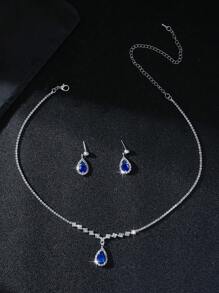 1set Fashionable Luxury Rhinestone Water Drop Necklace And Earrings Jewelry Set