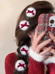 4pcs Red Bowknot Plush Hair Clips For Women, Autumn/Winter Bangs/Fringe Clips With Fur Balls, Red Bowknot Plush Hair Clips For Christmas, New Year, Festive Headwear Accessories, Hair Accessories - White - View 1