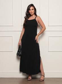 Long Dress With Pocket And Side Slit In Elegant Dune Fabric - 黑色 - 查看 1