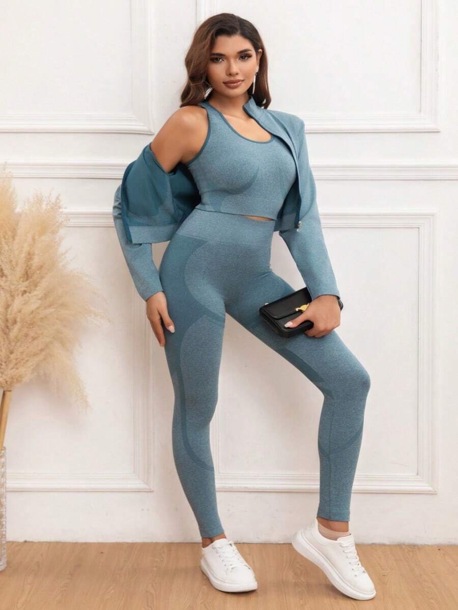 Yoga Clothing Women In Europe And The United States New Tight-Fitting Seamless Long-Sleeved Suit Fitness Clothing Ladies Sports Training Sets New High Waist Peach Hip Long-Sleeved Yoga Pants Breathable Sports Three-Piece Female - 浅墨绿 - 查看 1