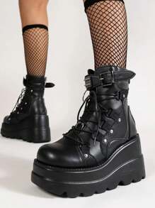 Gothic Women's Boots Punk Rivet Lace Wedge Heel Shoes Motorcycle Fight Style Comfortable Short Boots Christmas Shoes - màu đen - Xem 5