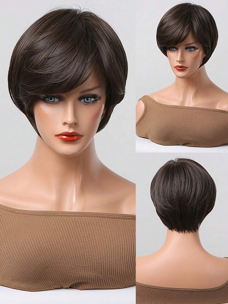 10 Inch Brown Short Straight Synthetic Wig With Bangs For Women Daiy Party Cospaly USe - màu nâu - Xem 1
