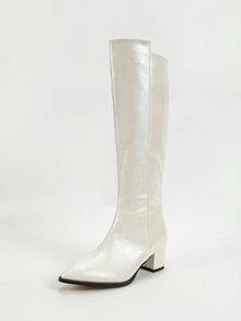 1 双女士时尚尖头粗跟保暖时尚高筒靴 - 白色 - 查看 5