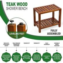 21-calowa ławka prysznicowa z drewna tekowego z półką, w pełni zmontowana ławka prysznicowa z drewna tekowego, ławka prysznicowa dla osób starszych, do użytku wewnątrz i na zewnątrz, wystrój łazienki, organizer łazienkowy, wystrój jesienny, akcesoria łazienkowe, meble
