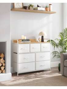 SONGMICS Commode 7 Tiroirs en Tissu avec Poignées,  Meuble de Rangement, Cadre en Métal, Style Moderne, Blanc Nuage et Beige Chêne