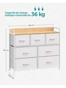 SONGMICS Commode 7 Tiroirs en Tissu avec Poignées,  Meuble de Rangement, Cadre en Métal, Style Moderne, Blanc Nuage et Beige Chêne
