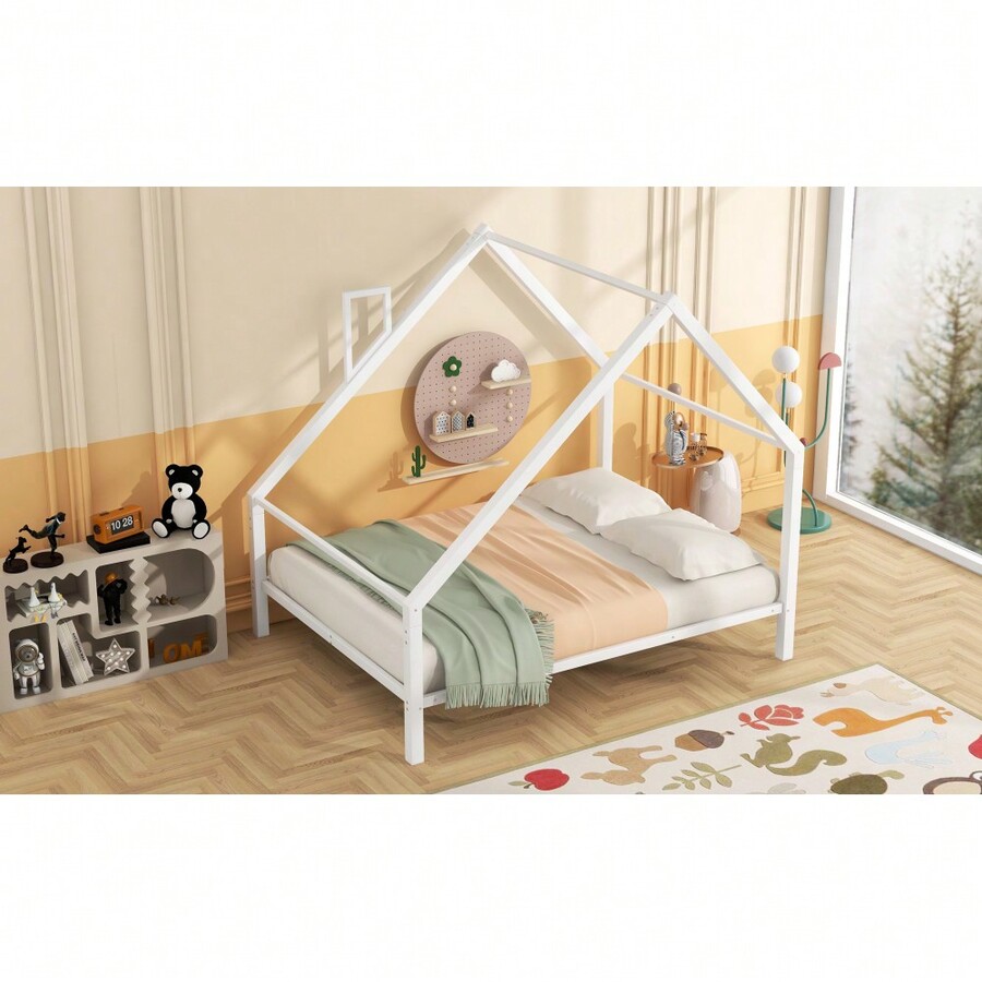 Full Size Metal House Platform Bed With Roof And Chimney, White SHEIN USA
