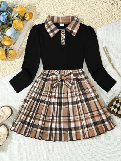 2pcs Set Tween Girl Knitted Ribbed Cardigan Tops And Plaid Press Pleated Skirt With Belt, Spring/Autumn
