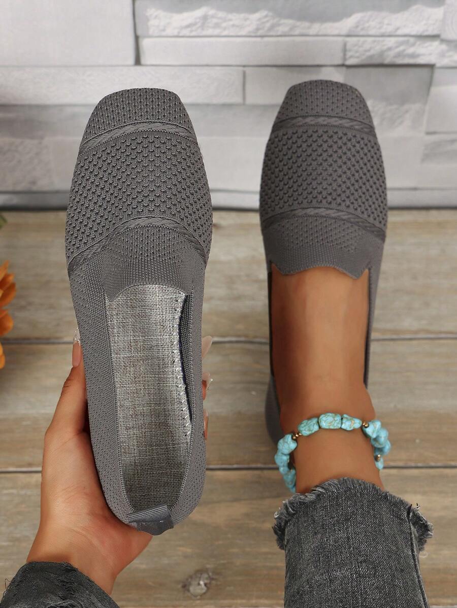 Women Knitted Flat Square Toe Loafers, Comfortable Breathable Mother Shoes For Spring & Autumn