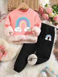 年轻女孩卡通设计印花连帽运动衫和运动裤套装