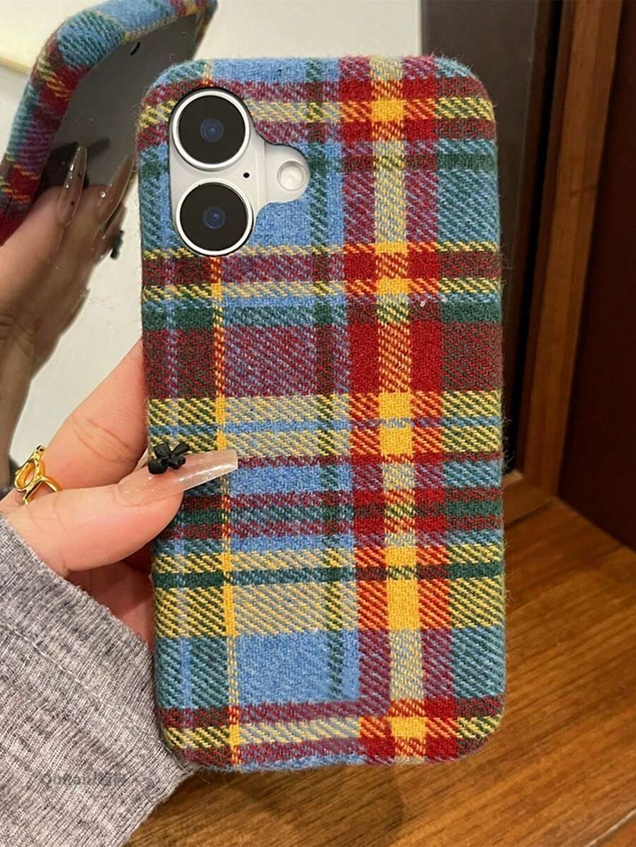 Apple Vintage Creative Color Lattice Grid Cloth Fabric Phone Case Compatible With Iphone Case 16 15 14 13 12 Pro Max Fashion Autumn Winter Cover Gift - Color Plaid - View 1