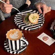 1set Nordic Style Striped Ceramic Cup & Saucer Set, American Style Cylindrical Latte Coffee Cup & Saucer Set, Household Drinking Cup, Exquisite Afternoon Tea Cup & Saucer Set - One Black Ceramic Cup and Saucer Set - View 4