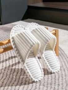 Dép hở mũi kẻ sọc nhung dành cho nữ, thích hợp cho mùa thu, đông, mọi mùa, cặp đôi và gia đình, giày đi trong nhà ấm áp và thoải mái cho phòng khách và phòng ngủ - trắng - Xem 4