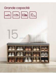 VASAGLE Banc à Chaussures, Meuble d'Entrée, Rangement Chaussures, Assise Rembourrée et 15 Compartiments, Étagère Porte-Chaussures, Capacité de Charge 200 kg, Kaki