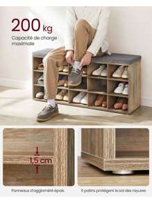 VASAGLE Banc à Chaussures, Meuble d'Entrée, Rangement Chaussures, Assise Rembourrée et 15 Compartiments, Étagère Porte-Chaussures, Capacité de Charge 200 kg, Kaki