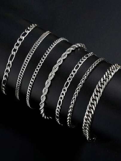Conjunto de pulseiras de corrente simples minimalistas de aço inoxidável com 6/7 peças para homens, adequado para deslocamento diário, uso casual