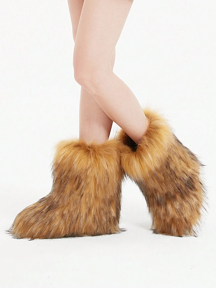 Winter Flat Heel High Top Boots With Thickened Furry Lining, Round Toe Mid-Calf Snow Boots With Deep Mouth Design For Keeping Warm