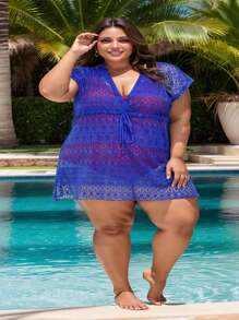Plus Size Beach Cover-Up With Drawstring At The Waist, Beach Sarong All In Fishnet Lace, Closed At The Front, Short Sleeves, Large Size From 46 To 60 - 寶藍色 - 查看 8