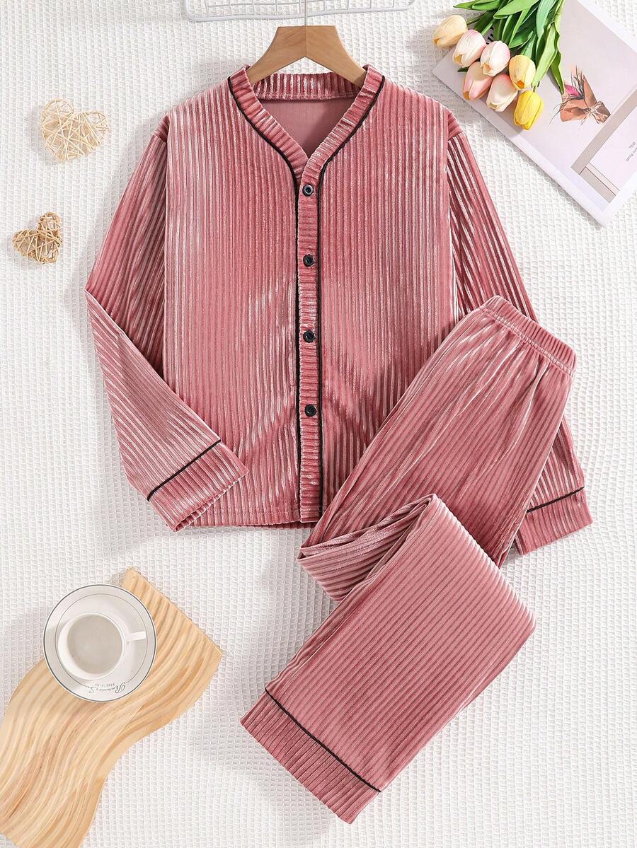 Soft Pink Striped Velvet Warm Home Set 2pcs, Girls Cardigan Button Long Sleeve Top, Black Trim And Long Pants - Hot Pink - View 1