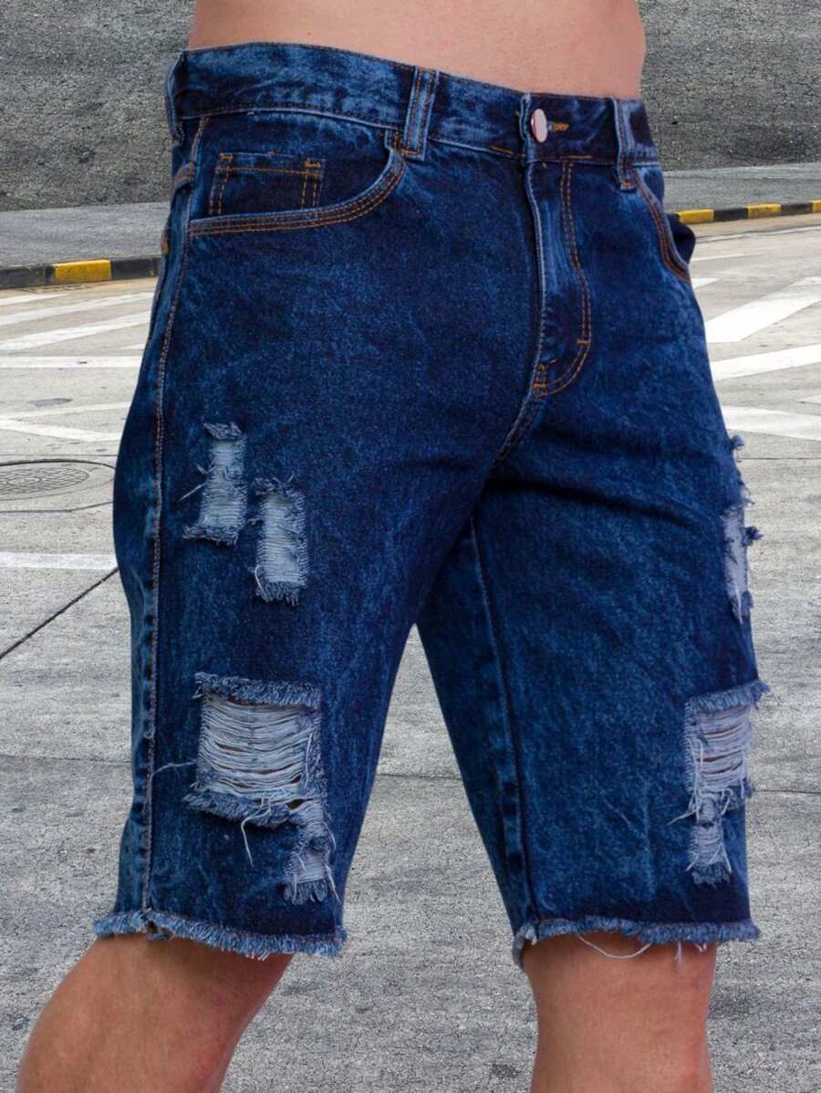 Ripped Bermuda Jeans Shorts Dark Color Men's High Quality With Elastane Sport Factory Store - 深色水洗藍 - 查看 1