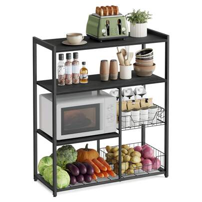 VASAGLE Standregal mit 2 Metallkörben, Küchenregal, Bäckerregal mit Haken und Regalablagen, Mikrowellenregal, 80 x 35 x 95 cm, Industrie-Design