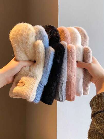 1 para grubych, ciepłych, pluszowych rękawiczek damskich, urocze zimowe rękawiczki ze sztucznego futra do użytku na zewnątrz/dla uczniów