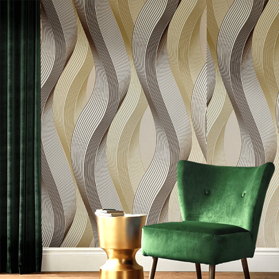 1 Rolle Wellen-Streifentapete, Gold/Schwarz Vinyl selbstklebende abnehmbare Tapete, wasserfest, langanhaltend, Vinylfolie, Dekoration für Zimmer, Wand, Küche, Zuhause, Schlafzimmer, Wohnzimmer, Schubladenauskleidung, 1000 * 45 cm / 393,7 * 17,71 Zoll