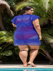 Plus Size Beach Cover-Up With Drawstring At The Waist, Beach Sarong All In Fishnet Lace, Closed At The Front, Short Sleeves, Large Size From 46 To 60 - 寶藍色 - 查看 2