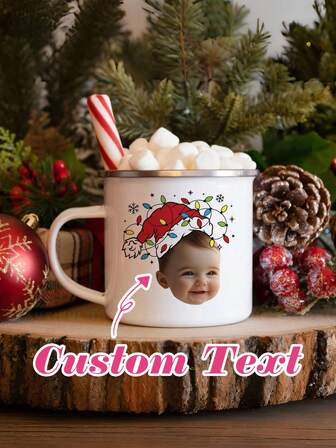 1pc 350ml Personalized Christmas Portrait Photo Mug, Customizable Ceramic Coffee Cup With Cute Santa Hat, Christmas Lights, Summer & Winter Drinkware Set, Birthday Gift, Holiday Gift, Christmas Gift, New Year Gift