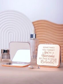 1 件玫瑰金镀层雕刻标语便携式梳妆镜，可折叠超薄轻巧便捷手持镜，不锈钢蒙皮亮银纳米镀层框架细节，适合所有场合和人群，可折叠方形口袋镜 - 玫瑰金 - 查看 2