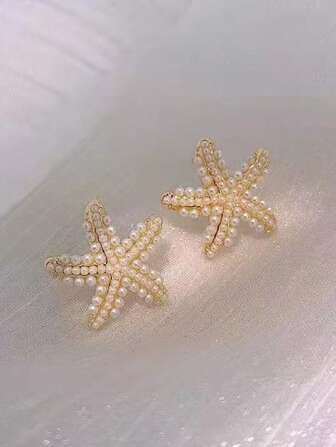 1pc Elegant & Versatile Faux Pearl & Starfish Earrings, Suitable For Daily Wear