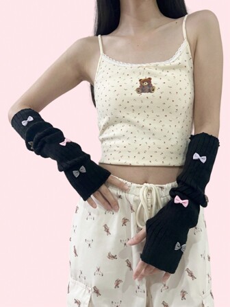 1 Pair Cute Bowknot Arm Sleeves For Women, Lolita Style Knitted Fingerless Gloves In White For Spring/Autumn, Y2K College Style Student Sleeve Accessory