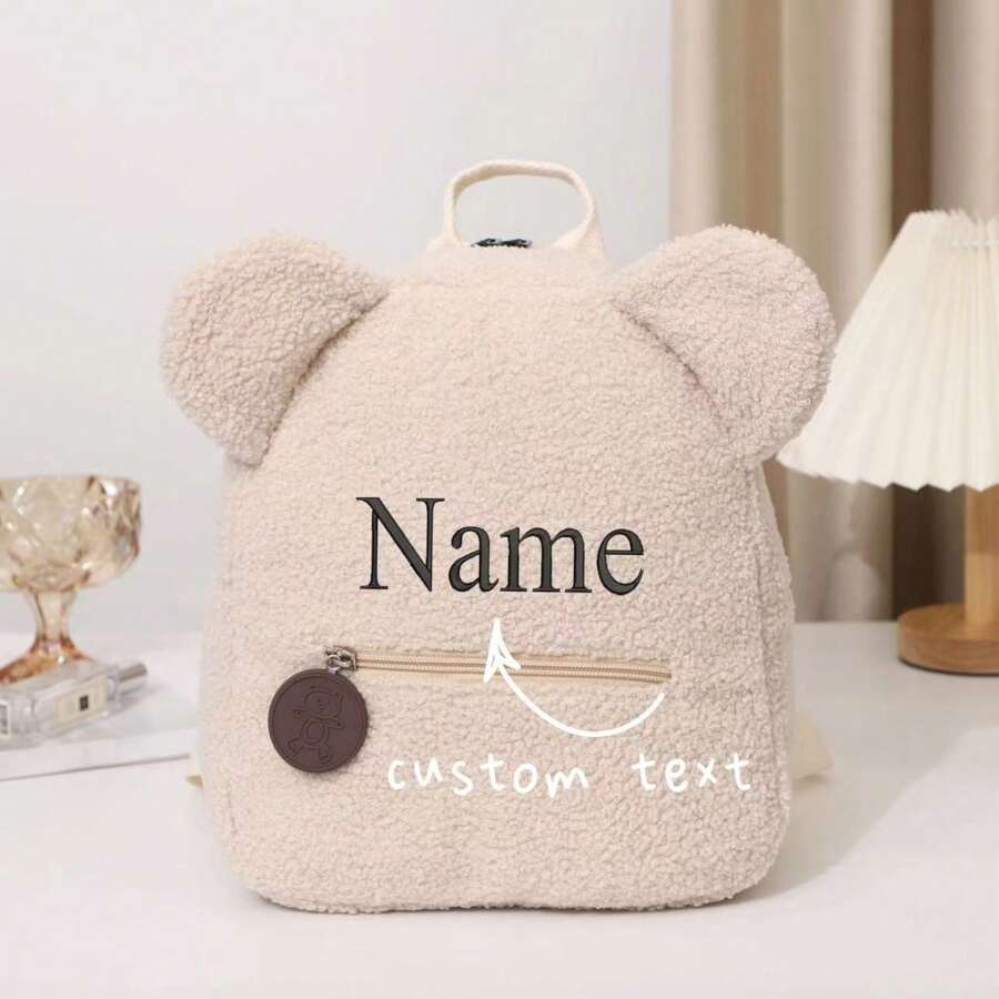 1pc Customized Embroidered Name Cartoon Bear Travel Plush Backpack (Brown, Khaki, Pink, Navy Blue, Beige)