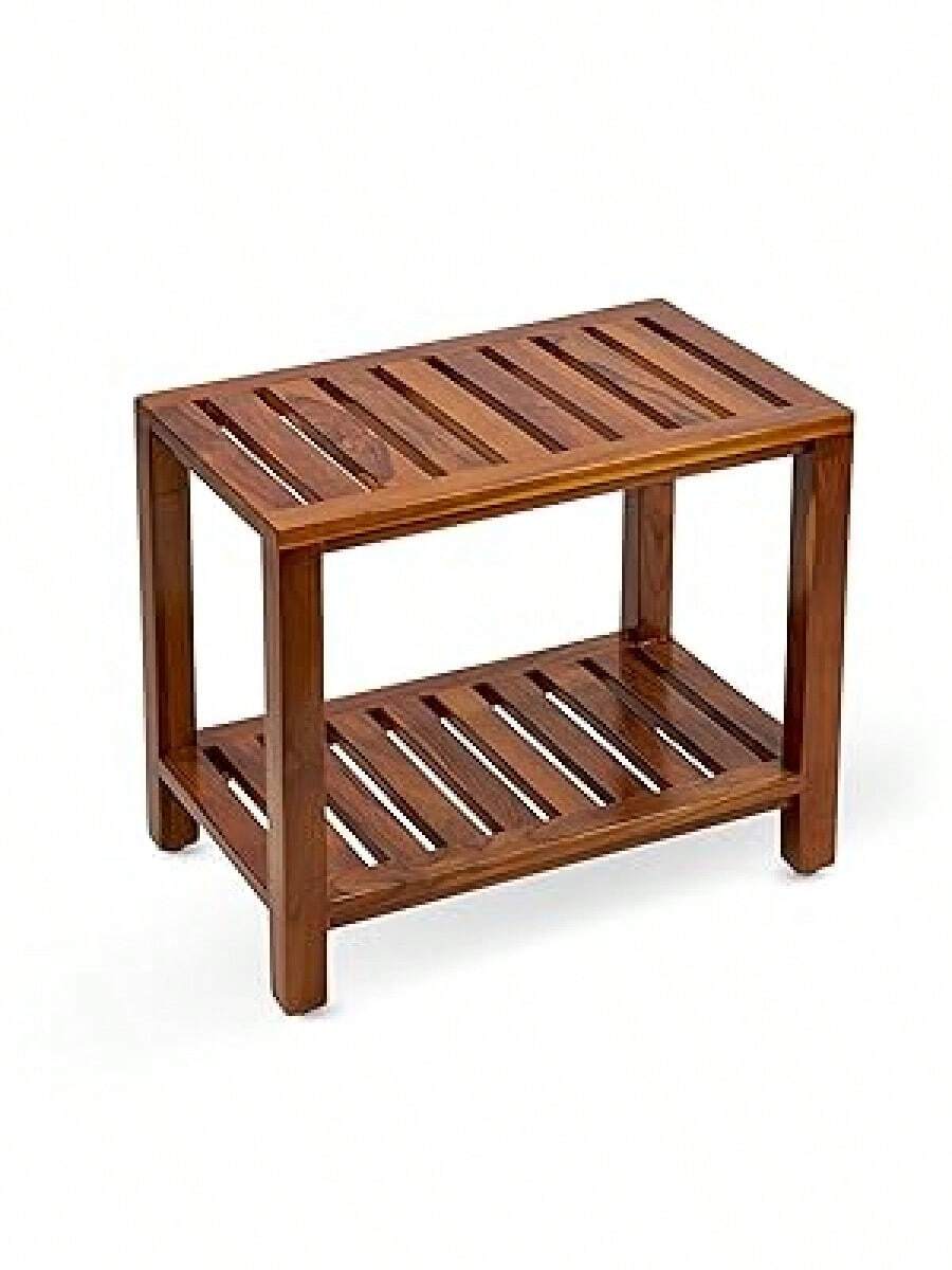 21Inch Teak Wood Shower Bench With Shelf, Fully Assembled Teak Wood