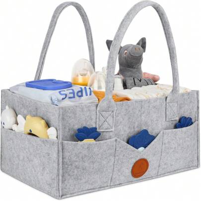 uczkymeng 1-Pack Diaper Caddy Organizer - Diaper Caddy For Baby Nursery Storage, Felt Diaper Organizer For Baby Stuff With Handle, Portable Baby Basket Boy Girl Changing Table Organizer(Grey)