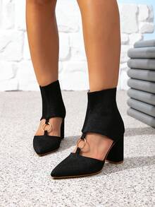 Women's Black High Heel Shoes, Solid Color Sandals Boots, Fashion Thick Heel Zipper Back, Simple Elegant Ladies Shoes With Metal Decor, Stylish Party Evening Mules