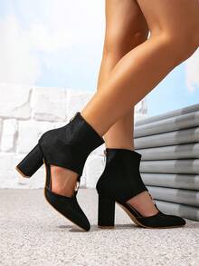 Women's Black High Heel Shoes, Solid Color Sandals Boots, Fashion Thick Heel Zipper Back, Simple Elegant Ladies Shoes With Metal Decor, Stylish Party Evening Mules