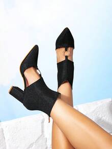 Women's Black High Heel Shoes, Solid Color Sandals Boots, Fashion Thick Heel Zipper Back, Simple Elegant Ladies Shoes With Metal Decor, Stylish Party Evening Mules